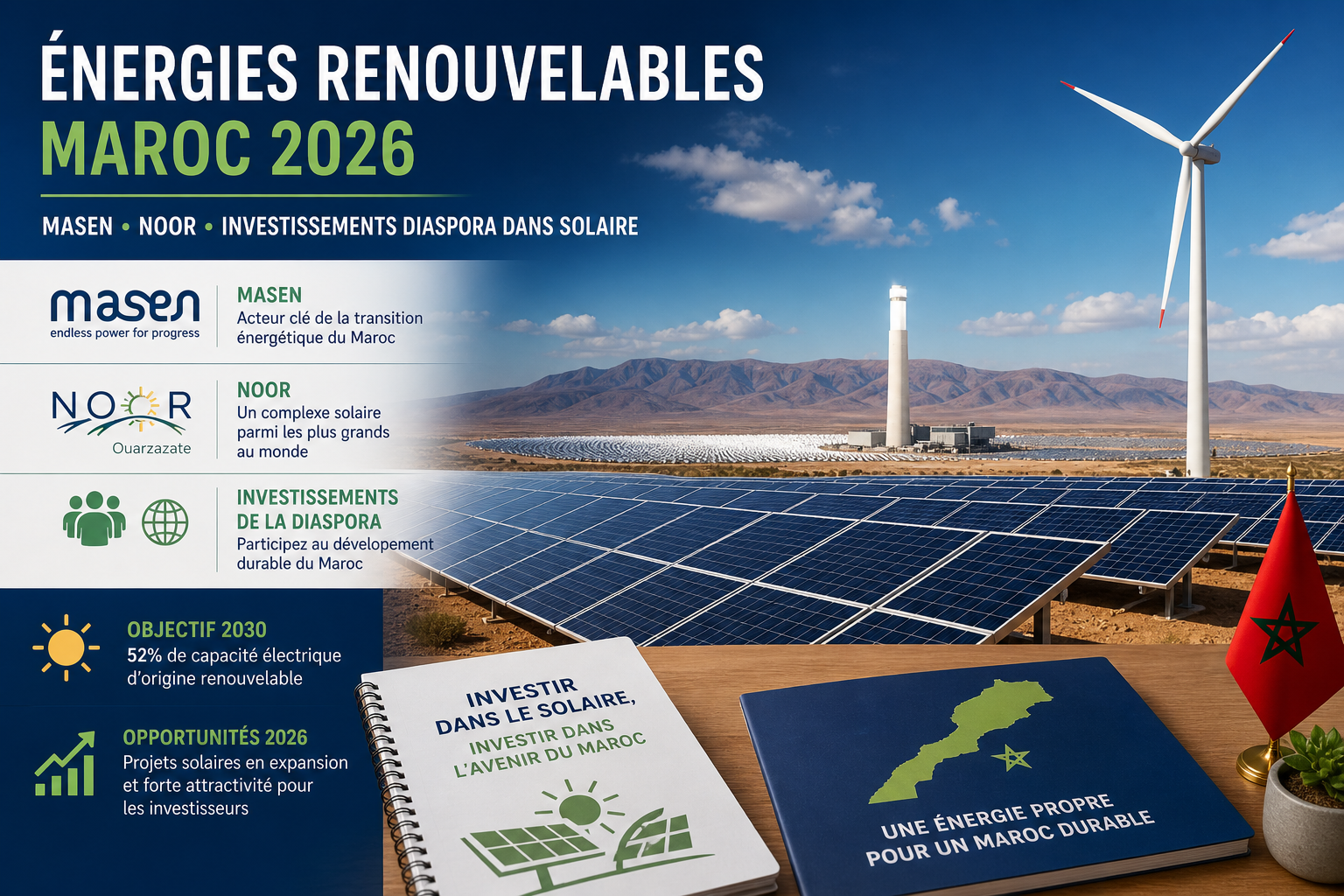 Énergies renouvelables au Maroc en 2026 : MASEN, Noor et les options concrètes pour les MRE investisseurs